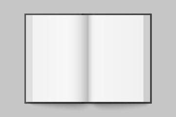 Poster - Vector mockup of hardcover vertical book spread with black cover isolated. Realistic book, brochure or booklet template opened on white background. 3d illustration.