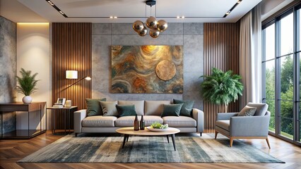 Wall Mural - Inviting contemporary living room with a statement wall decor, modern, stylish, comfortable, interior, design, home, decor