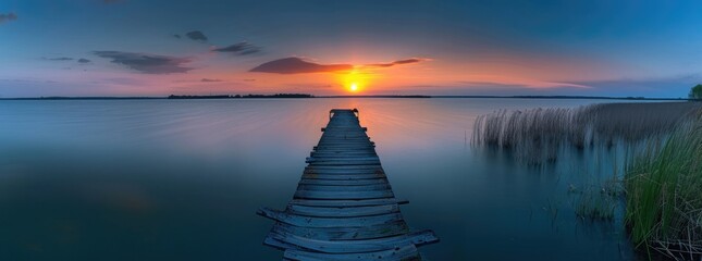 Wall Mural - Tranquil Sunset Over Still Water with a Wooden Pier