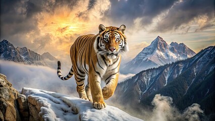 Canvas Print - A powerful tiger descending from the mountains, tiger, wild animal, predator, fierce, strength, majestic, nature