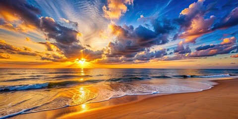 Canvas Print - Scenic view of a sunset on the beach , sunset, beach, horizon, dusk, ocean, waves, serene, tranquil, colorful, sky, clouds