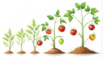 Wall Mural - Life cycle of tomato plant from seedling to mature fruit, tomato, growth stages, seed, sprout, plant, green, leaves, stem