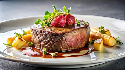 Canvas Print - Fine dining French course featuring a succulent beef steak , gourmet, meal, upscale, restaurant, elegant, cuisine