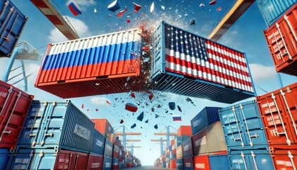 Poster - Rusia and USA trade war. US of America and Russian flags containers crashed on sky