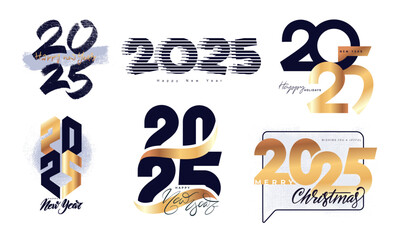 Wall Mural - Set of 2025 Gold numbers design template. 2025 New Year logo gold and black text design. Collection of Happy New Year. Calendar logo 2025 Vector Christmas elements. Luxury number design template.