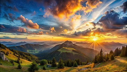 Wall Mural - Beautiful panoramic view of a sunset over the mountains , panorama, sunset, landscape, evening, colorful, sky, clouds, dusk