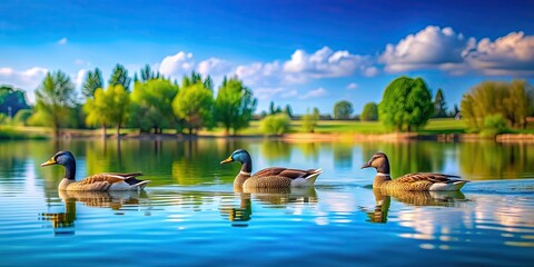 Canvas Print - Ducks floating in a peaceful pond with a beautiful blue background, ducks, waterfowl, pond, blue, peaceful, feathers