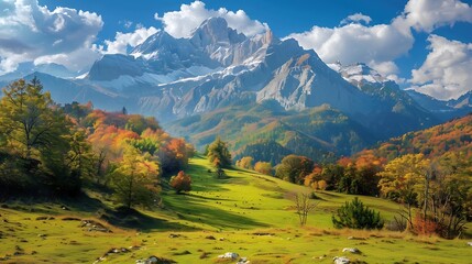 Wall Mural - Autumnal Mountain Landscape with Snowy Peaks