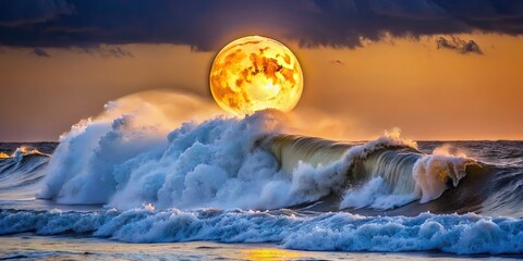 Canvas Print - A breathtaking image of big waves crashing under the light of the harvest moon , big waves, crashing, ocean, water