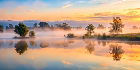 Sticker - Soft, serene mist enveloping a tranquil dawn landscape, mist, serenity, dawn, embrace, peaceful, tranquil, nature, fog, morning