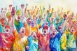 © Ольга Лукьяненко - watercolor illustration of excited emotional crowd of sport fans cheering and screaming on match at stadium