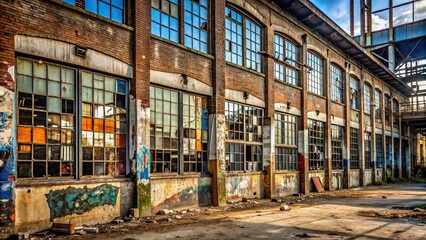 Poster - Dilapidated old factory with broken windows and graffiti tags, abandoned, building, decay, urban, run-down