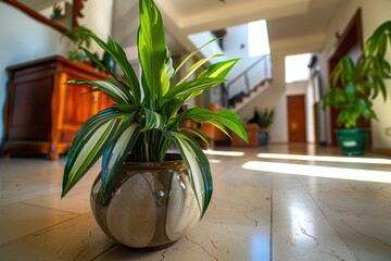 A striking green indoor plant in a decorative pot, placed prominently in a modern hallway with marble flooring, elegant furnishings, and ample natural light.