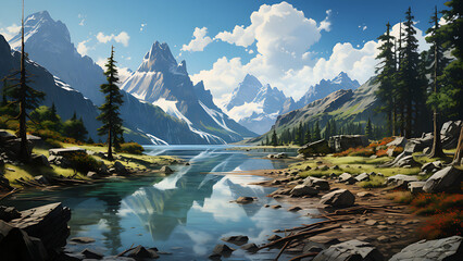 Wall Mural - Moraine Lake - Wilderness, Digital Art, Nature, Painting, Outdoors Background, Backcountry Wallpaper