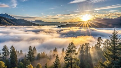 Poster - Sunrise over misty mountain forest with golden fog illuminated by sunlight , sunrise, mountains, mist, trees, nature, fog