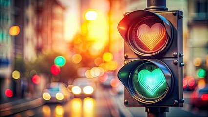 Sticker - Close-up of heart shaped pastel traffic light, captured with analog photography and tilt-shift effect, love