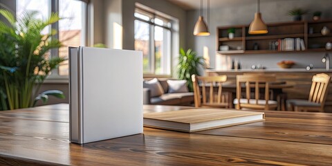 Sticker - Blank book cover mockup on wooden table in an elegant home , book, cover, blank, mockup, wooden, table, elegant, home