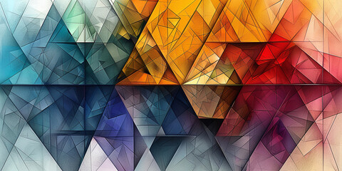 A vibrant abstract composition featuring geometric triangles in a line art style. The intricate, multicolored pattern creates a dynamic and modern visual effect.