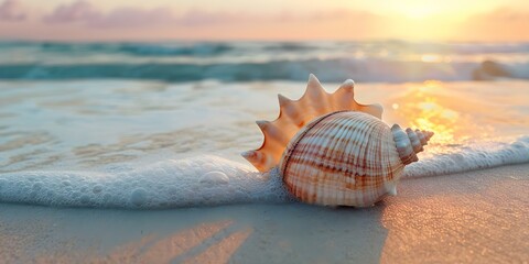 Wall Mural - Sea shell on beach against ocean waves at sunset. Concept Beach Photography, Seashells, Ocean Waves, Sunset, Nature Photography