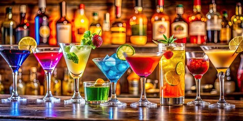 Poster - A vibrant and colorful assortment of cocktails on a bar counter , cocktails, drinks, mixology, bartender, happy hour