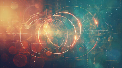 Wall Mural - An artistic Venn diagram with glowing gold and teal circles. The intricate design highlights connections in a visually captivating way.