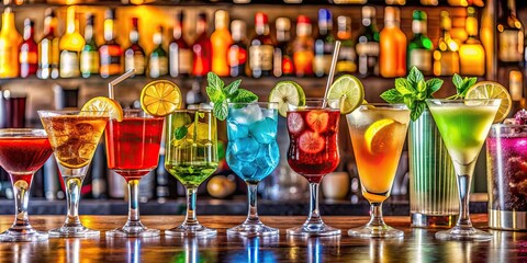 Poster - A colorful array of refreshing cocktails displayed on a bar counter, cocktails, drinks, mixology, bartending, alcohol