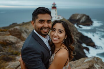 Wall Mural - Portrait of a joyful latino couple in their 20s wearing a professional suit jacket in front of majestic lighthouse on a cliff background