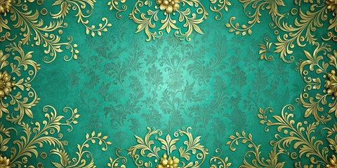 Sticker - Turquoise textured background adorned with elegant gold floral ornaments, turquoise, textured, background, gold