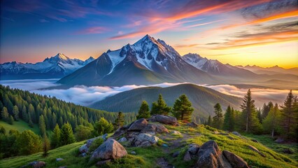 Canvas Print - Beauty dawn on the peak, in the mountains in Altay , nature, landscape, sunrise, mist, wilderness, outdoors, mountains, Altay