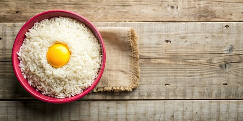 Canvas Print - Close-up of rice with egg, Asian food in a rustic kitchen setting with utensils in the background, rice, egg