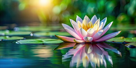 Sticker - Water lily floating peacefully in clear water, water lily, flower, aquatic plant, serene, tranquil, pond, lake, nature, reflection