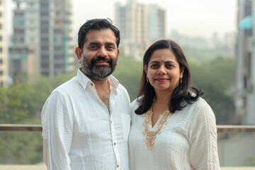 Wall Mural - Portrait of a merry indian couple in their 30s wearing a classic white shirt on modern cityscape background