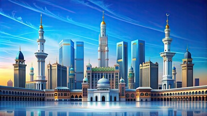 Iconic Mecca skyline with a striking blue background, Mecca, Saudi Arabia, skyline, cityscape