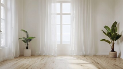 Wall Mural - Simple white curtains in a minimalist living room with light wooden floors and white walls