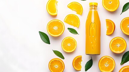 Poster - Orange Juice Bottle and Slices on White Background