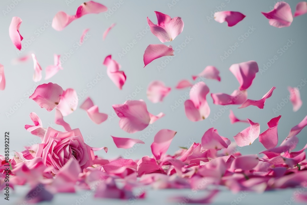 Bright pink rose flower petals flying isolated white background ...