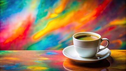 Sticker - Cup of coffee on saucer against colorful background, coffee, drink, beverage, morning, wake up, relaxation, aroma, hot, espresso