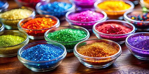 Wall Mural - Colorful glitter in bowls for creative and sparkly photo shoot, glitter, colorful, vibrant, shiny, sparkly