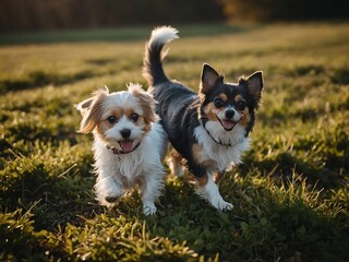 Outdoor fun Two cute small dogs engaged in playful activities