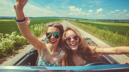 Two happy friends enjoying a summer road trip in a convertible car, carefree and smiling under a clear blue sky with lush fields all around.