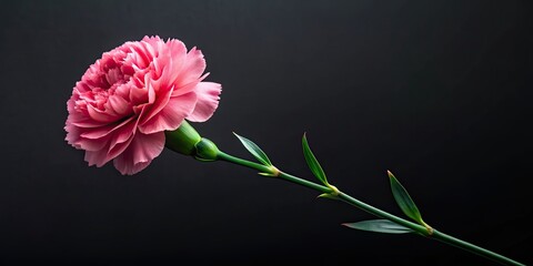 Poster - Single pink carnation with green leaves and stem on black background, floral, flower, nature, botany, bloom, petal