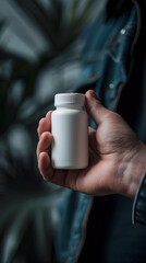 Canvas Print - a male hand grabbing with his index and thumb a small pill bottle, pill bottle mockup,