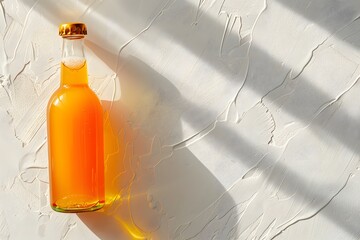 Poster - Orange Juice Bottle on White Textured Background with Sunlight