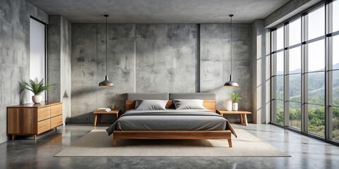 Canvas Print - Modern bedroom interior with gray bed, concrete floor, and wooden bedside tables near window, modern