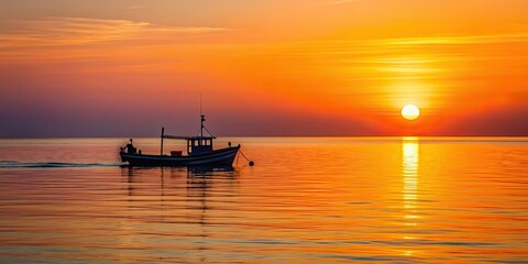 Poster - Tranquil sunset over calm sea with silhouette of fishing boat on horizon, sunset, calm sea, fishing boat, silhouette