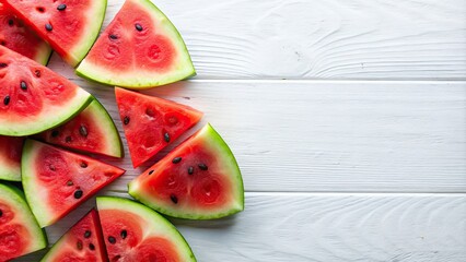 Wall Mural - Juicy slices of watermelon on a white background , refreshing, summer, fruit, vibrant, red, juicy, delicious, sweet, healthy