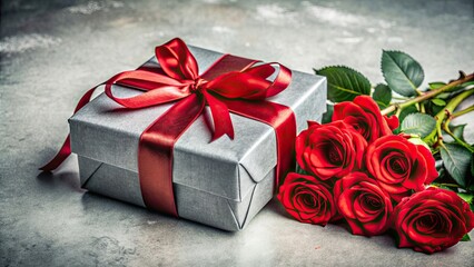 Sticker - Grey present wrapped in red ribbon with red roses on top , gift, present, surprise, celebration, anniversary, birthday