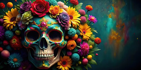 Canvas Print - Colorful skull adorned with vibrant flowers, skull, colorful, flowers, bright, vibrant, decoration