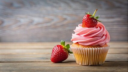 Poster - Pink frosting cupcake with fresh strawberries on top, cupcake, pink frosting, strawberries, sweet, dessert, bakery