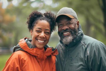 Wall Mural - Portrait of a happy couple in their 40s wearing a functional windbreaker on bright and cheerful park background